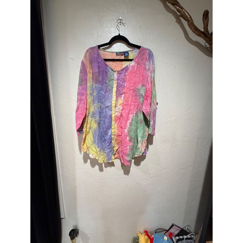 Phool Womens 2X Tie Dye Cotton Gauze Button Front Pintuck Back Top Multi-Color